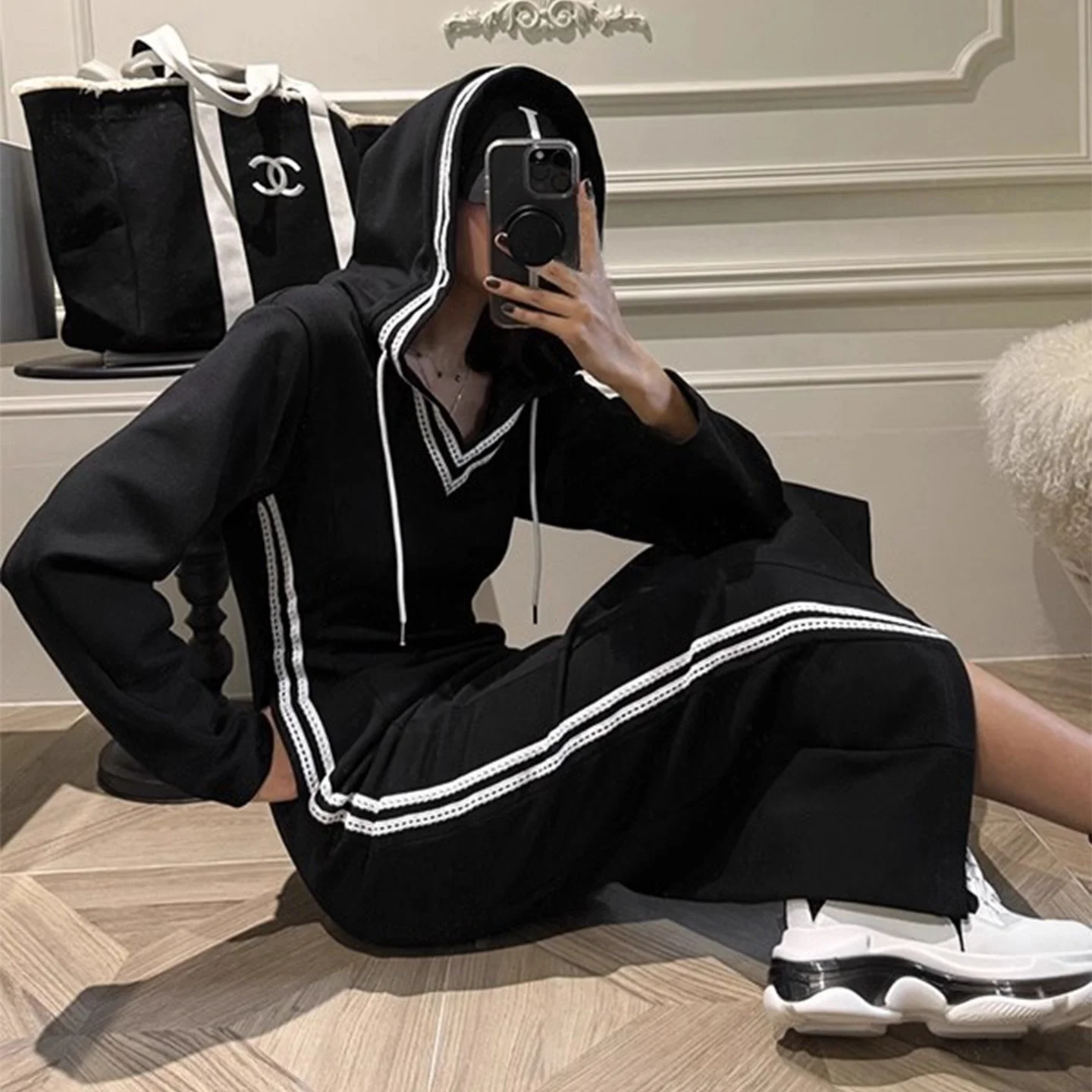 Retro emendado cor blo renda dstring com capuz de malha dr feminino emagrecimento longo dr cintura alta commute sle longo sve