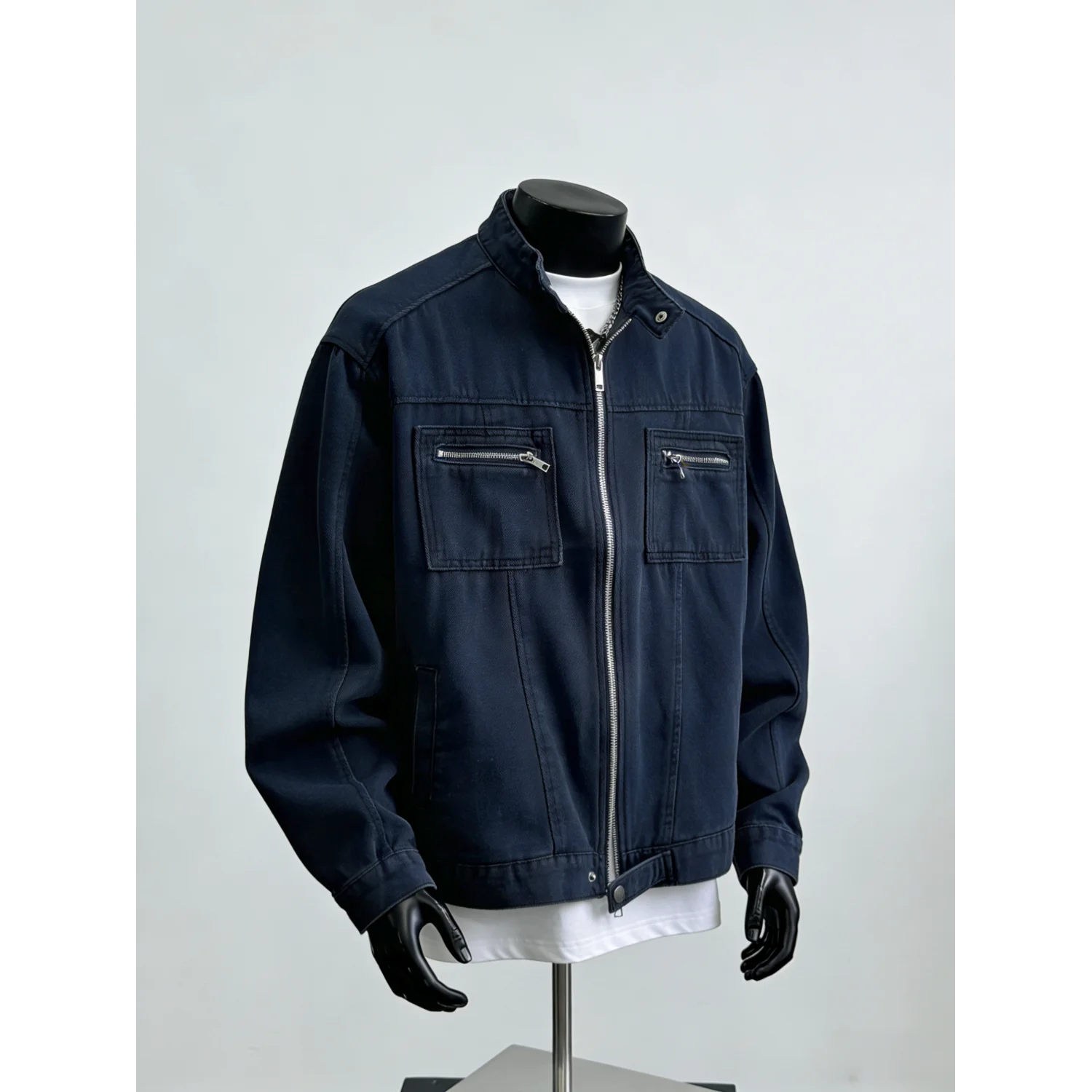 

Ретро-куртка из выстиранного денима, высококачественная рабочая джинсовая куртка с воротником-стойкой и молнией, мужская джинсовая куртка.