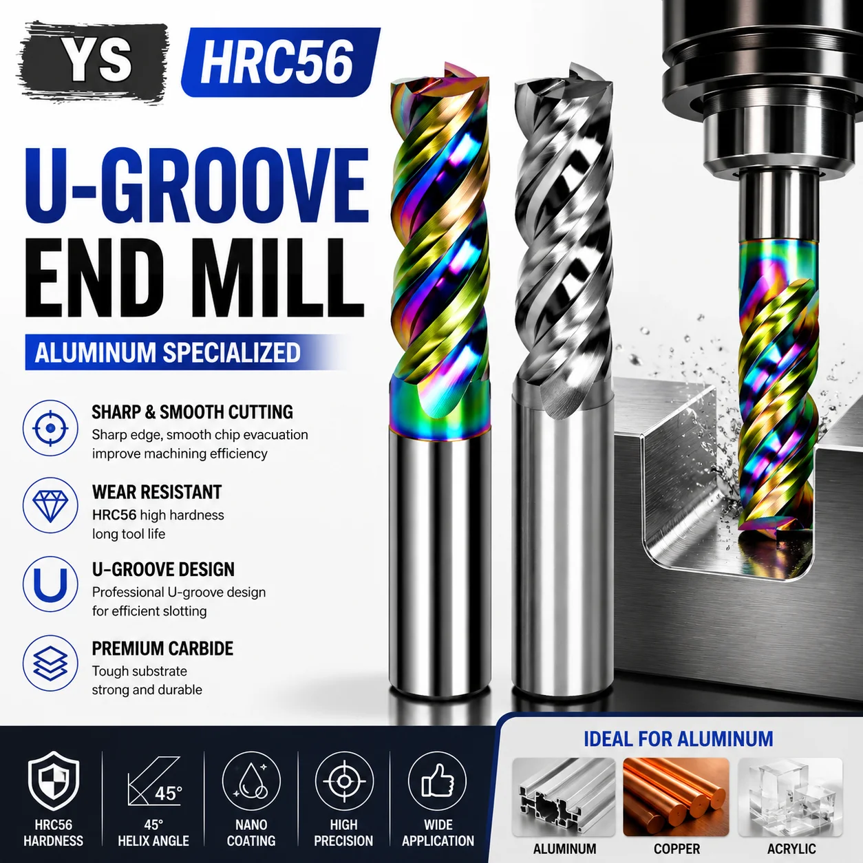 

HRC56 U-Groove End Mill DLC Coated Carbide Milling Cutter 3 Flute for Aluminum Copper Acrylic CNC Router Bit 1-20mm Precise Tool