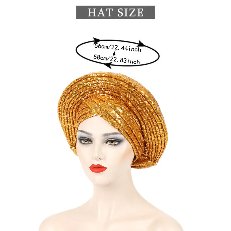 African Already Made Hat Auto Gele Women Hijab Headtie Nigeria Wedding Party Gele Female Head Wraps Headpiece Sequin Turban Caps