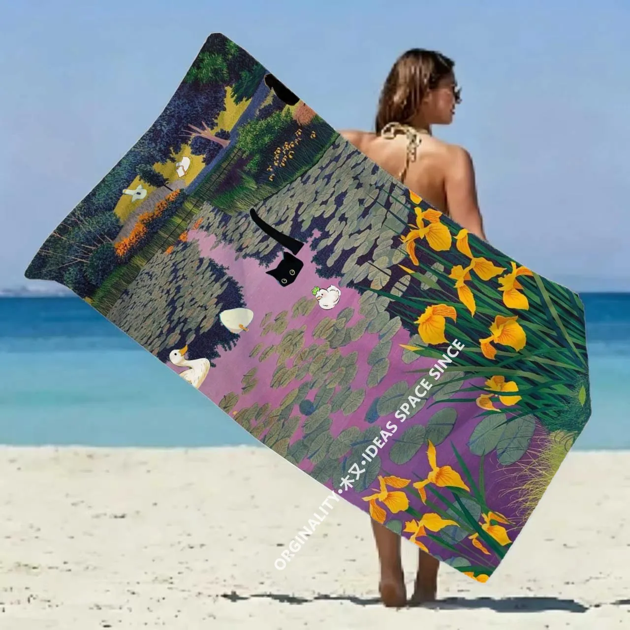 Cat & Duck Lotus Pond Beach Towel Patterned Sunscreen And Windproof Suitable For Swimming Pool Camping Travel