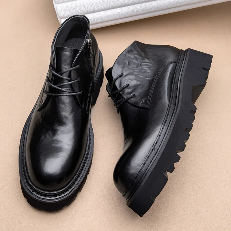 Fashion Genuine Leather Mens Ankle Boots Handmade Quality Comfortable Elegant Platform Black Retro Wedding Social Shoes for Male image 5
