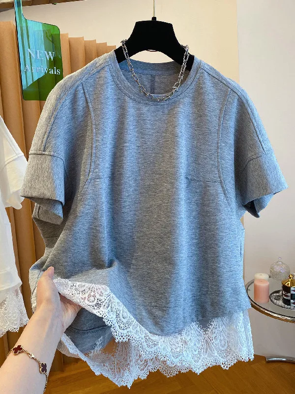 

plus Size Women's T-Shirt Lace Patchwork Short Sleeve Loose Fit Summer Casual Style round Neck Top Breathable Polyester Fiber