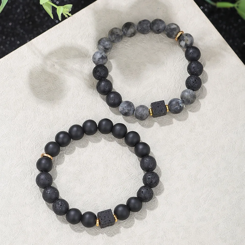 2025 New European American 10mm Square Volcanic Stone Black Matte Hip Hop Jewelry Adjustable Yoga Couple Accessories