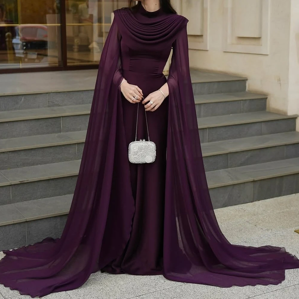 

Customized A-line Evening Dresses Floor-length High-neck Full Sleeve Prom Gown Simple Fsahion Pleat Draped Casual Party Gown