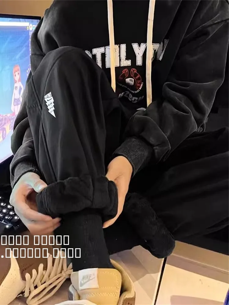 

Мужские утепленные спортивные брюки в американском ретро-стиле, зимние теплые свободные повседневные брюки с манжетами, молодежные модные брендовые штаны