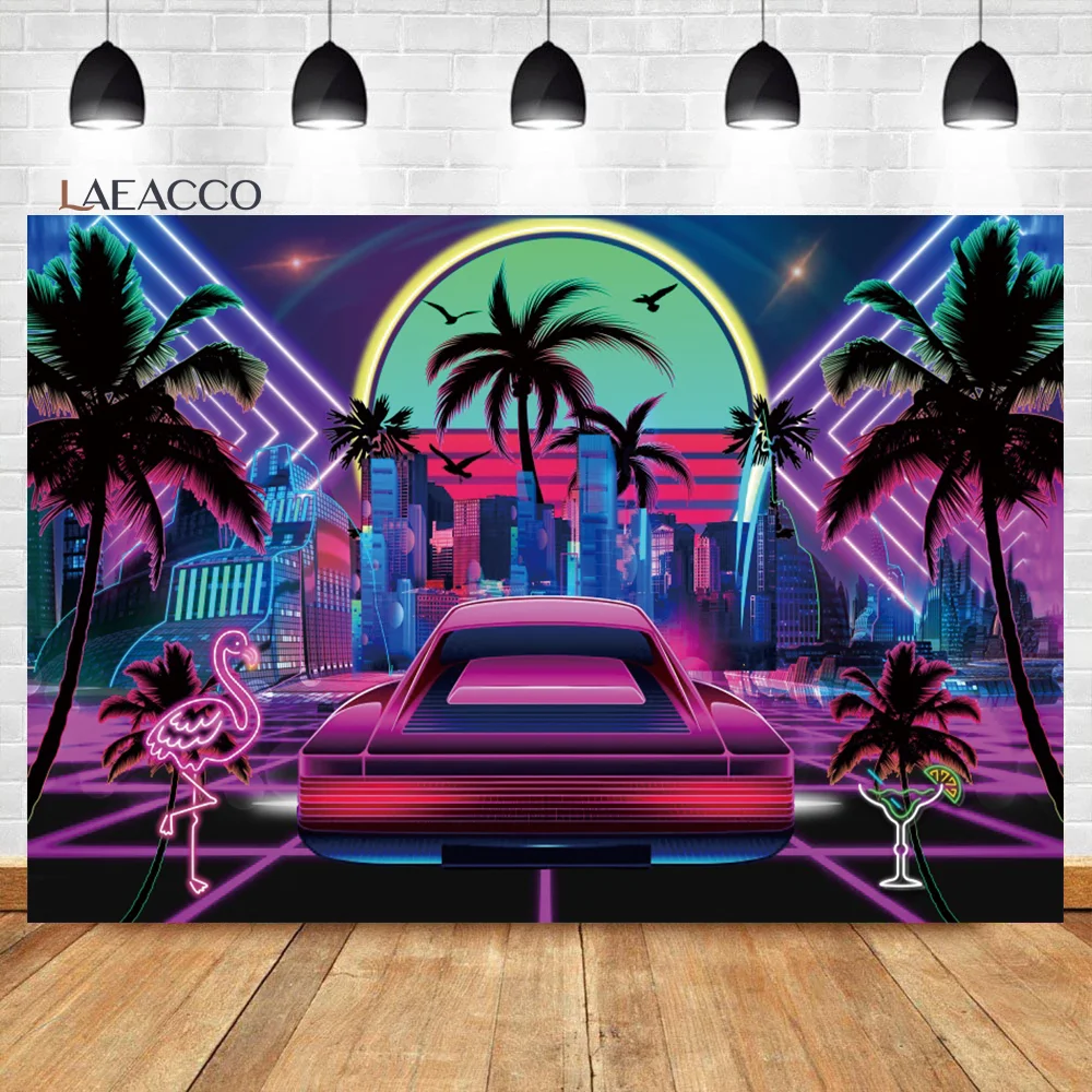 Laeacco Miami Summer Disco Style Birthday Party Backdrop Tropical Neon City Flamingo Palm Tree Portrait Photography Background