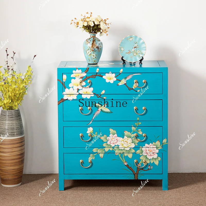 

Camphor wood bucket Chinese log painted living room narrow storage retro four-bucket drawer cabinetYY