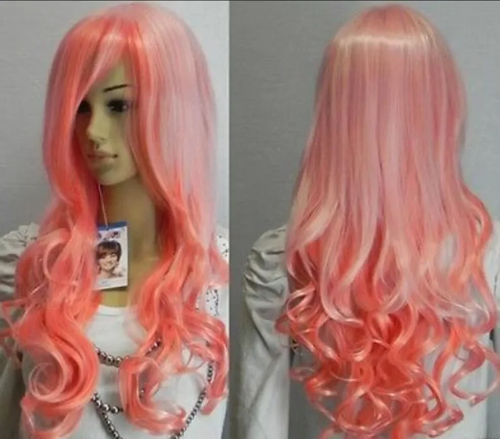 New Cosplay beautiful long pink mixed curly women Hair wig