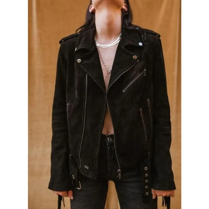 Women Black Pure Soft Suede Leather Fringe Jacket Western Style Jacket  Fashion Trend