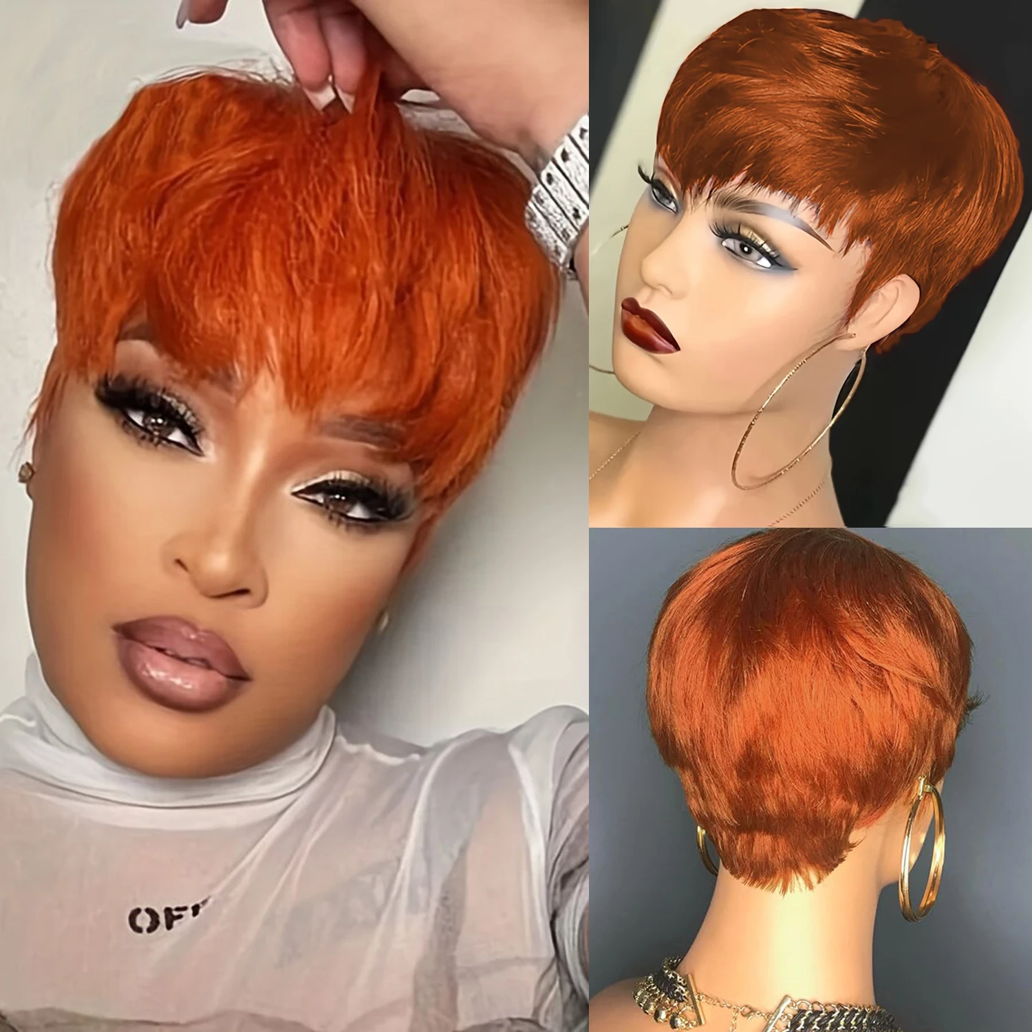 Ginger Color Short Pixie Cut Human Hair Wigs with Bangs Burgundy Orange Black Color Full Machine Made Wig