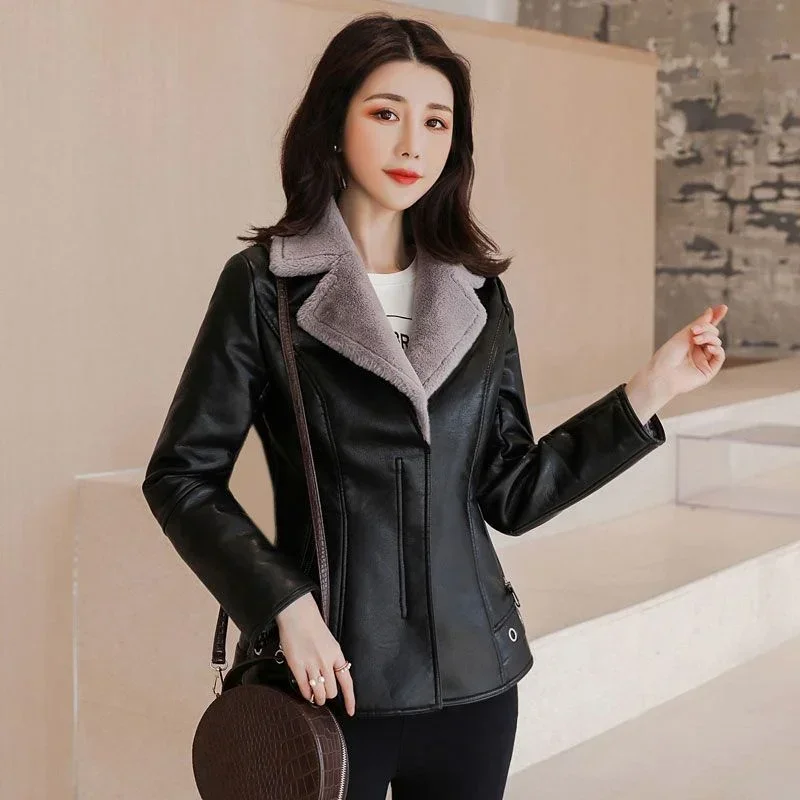 ฤดูหนาวใหม่ PU หนังแจ็คเก็ตผู้หญิงสั้น Blazers Coat ขนแกะ Double-faced ขนสัตว์หนัง Outerwear Lady Slim เสื้อแจ็คเก็ต