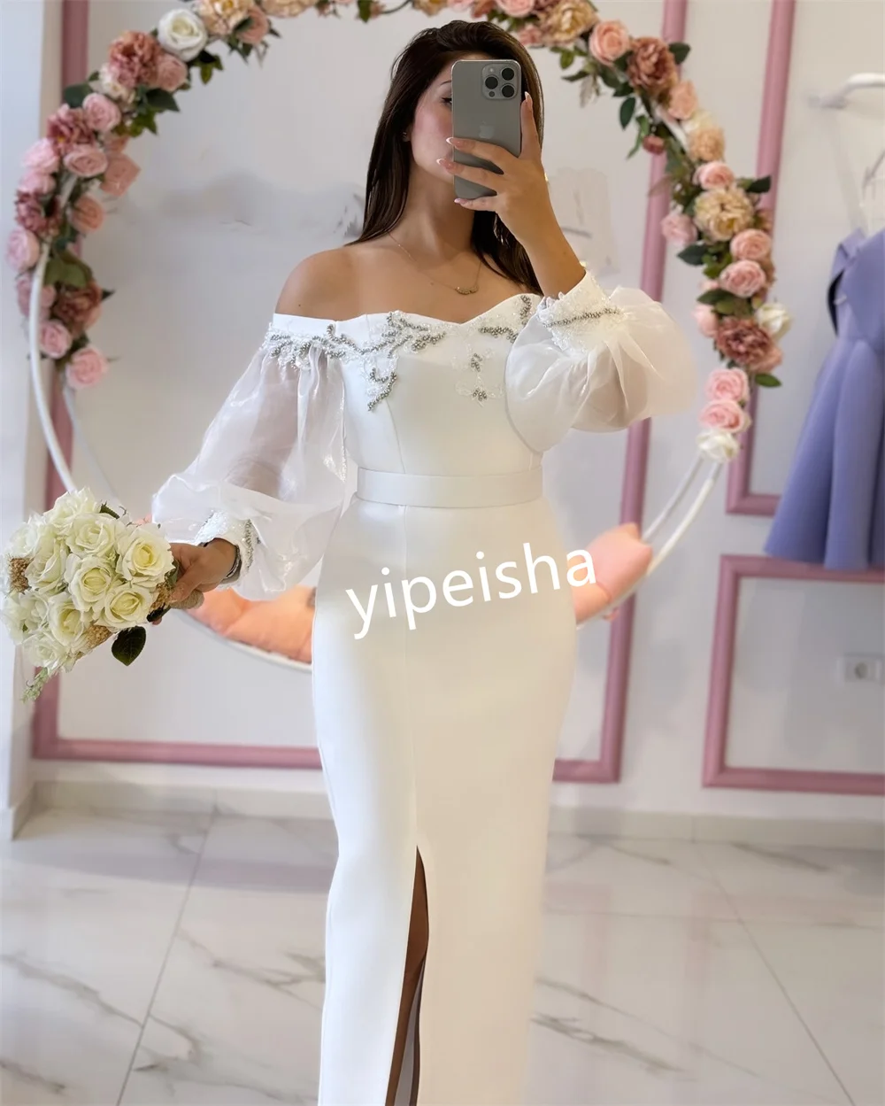 Personalizado sexy jérsei plissado coluna de lantejoulas fora do ombro vestidos longos quinceanera vestidos intrincados estilo chinês unisex pa