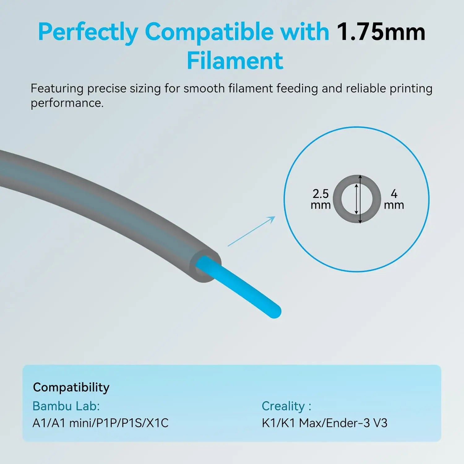 Tubo de PTFE ultrasuave para filamento de 1,75mm con cortador para extrusora, tubo de longitud OD de 2,5mm IDx4mm para laboratorio Bambu A1/P1P/P1S/X1C