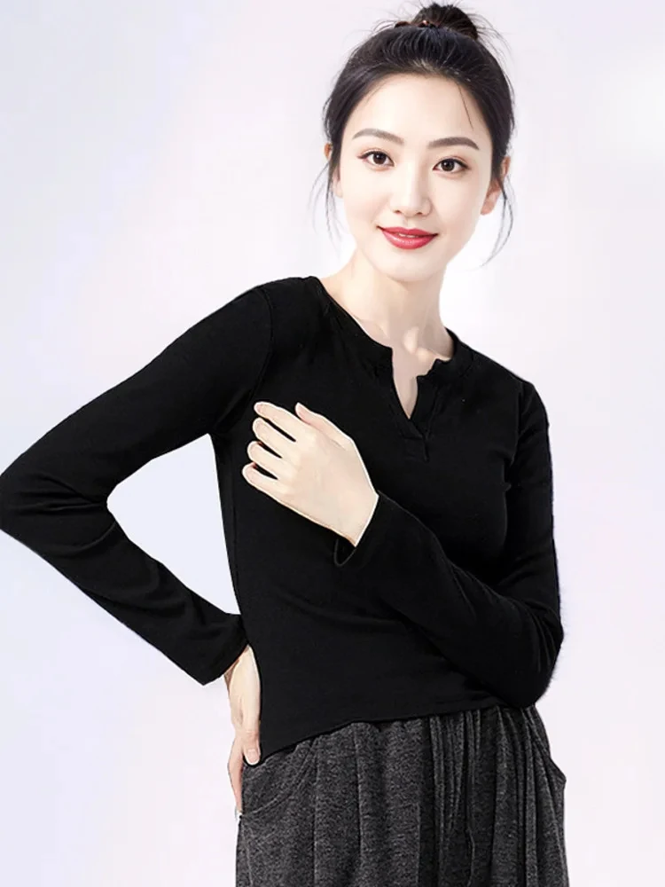 솔리드 컬러 V 넥 긴 소매 슬림 피트 탑 여성용, 현대 무용 훈련, 발레 연습, 무대 공연 착용