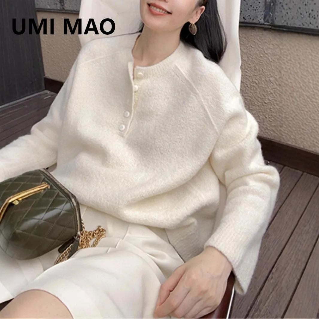 

UMI MAO текстурированный белый высококачественный свободный ленивый верхняя одежда свитер с круглым вырезом для женщин осень-зима кашемировый базовый вязаный топ