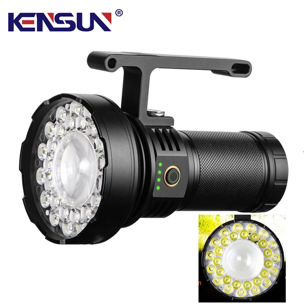 High Power LED Flashlight 10000 Lumens Ultra Bright Searchlight USB Rechargeable Dual Light Source Hand Lantern Outdoor Camping