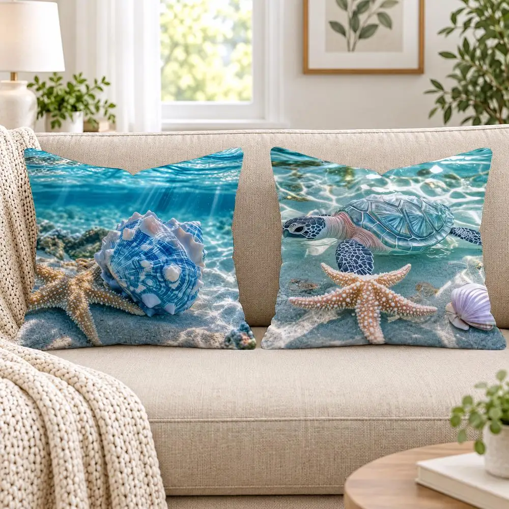 Coastal Ocean Octopus Sea Turtle Cushion Cover Soft Short Plush Pillow Cases Hidden Zipper Cutecore Sofa Bedroom Home Decor Gift