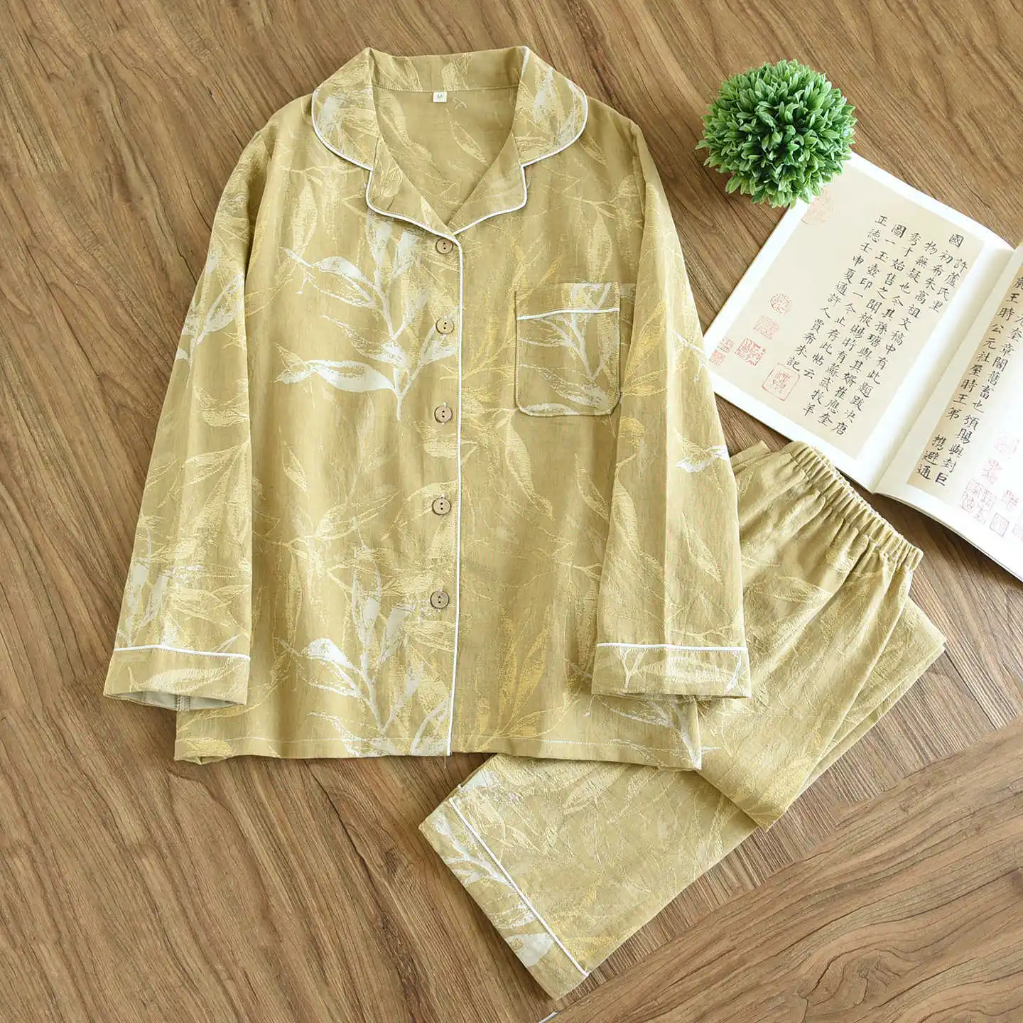 2026 Spring and Autumn Women\'s Pajama Set 100% Cotton Jacquard Long Sleeve Pants Two Piece Leaf Home Furnishing Pajama Set