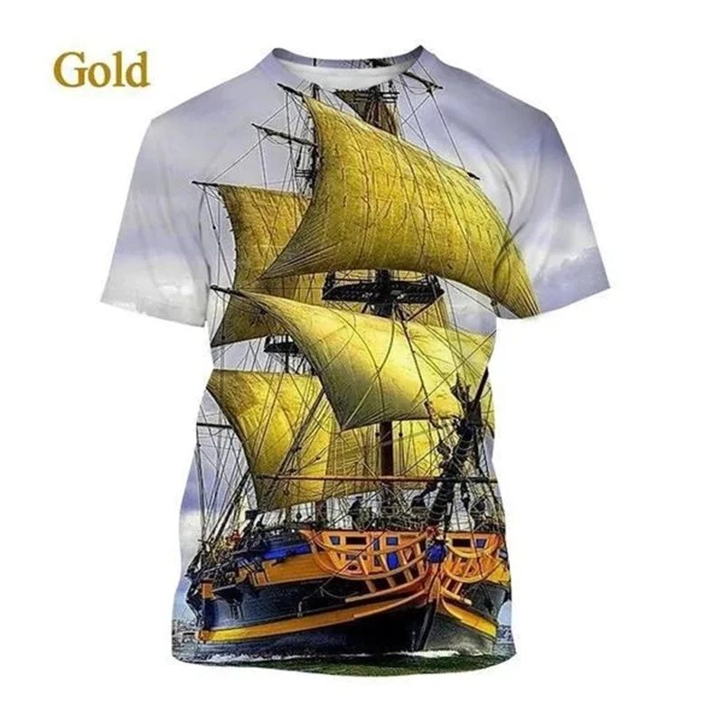 New 3D Printing Pirate Ship Print T-shirts Men\'s Casual Short-sleeved Personality Cool Street Style T Shirt Top Oversized Tees