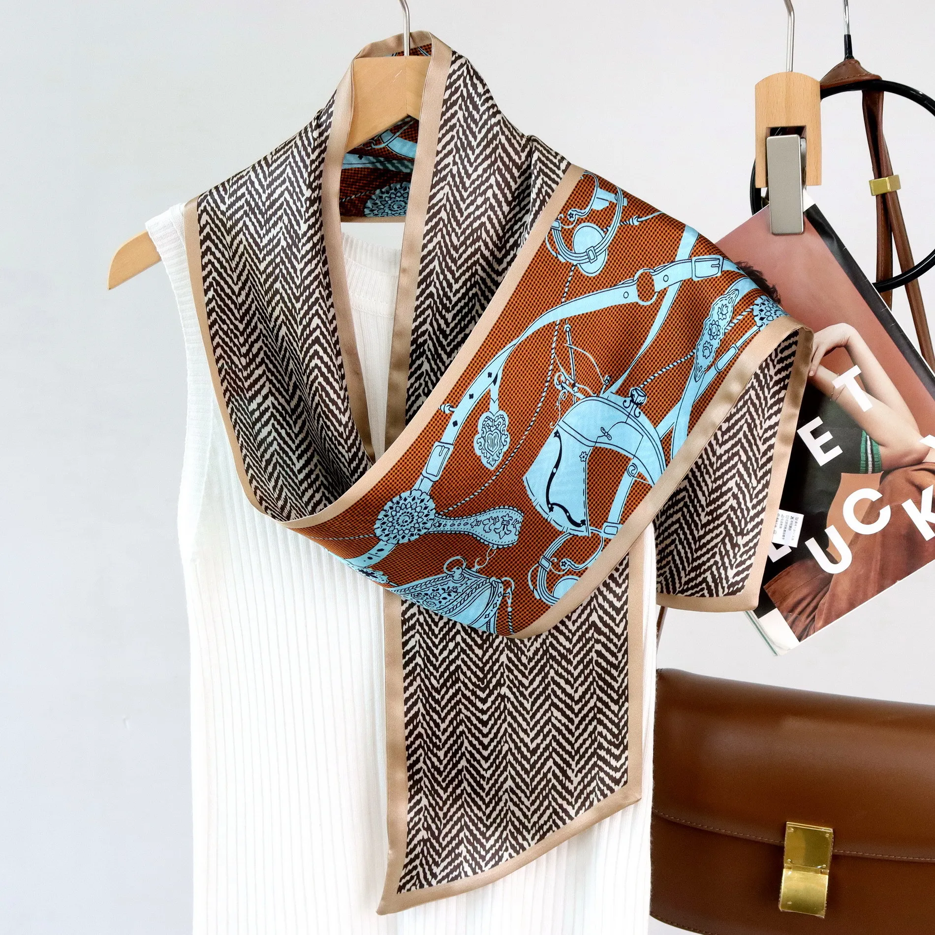 女性のためのエレガントなシルクスカーフ-50x6cm-二層マルベリーシルク-細くて長い装飾ネックスカーフ-花柄プリント-多用途アクセサリー