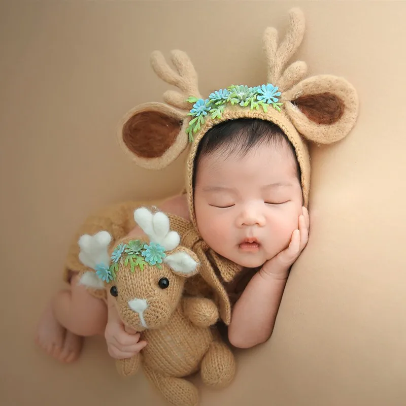 

❤️ Рождественская одежда для фотосъемки новорожденных, повязка на голову + комбинезон + кукла, 4 шт./компл., студийный реквизит для фотосессии, аксессуары, одежда, наряды