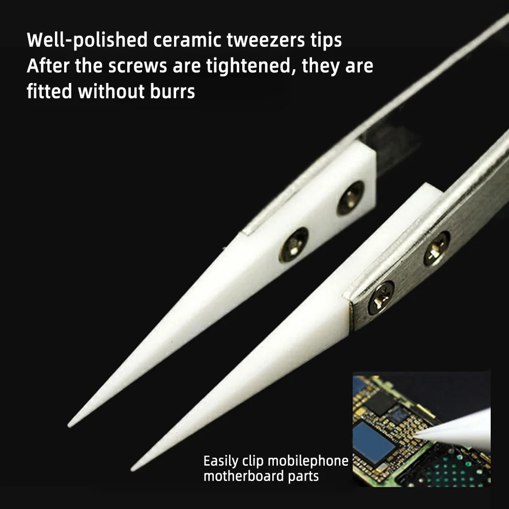 Anti-Static Ceramic Tweezers Stainless Steel Industrial Ceramic Tweezers Insulated Straight Tip Black-Whit Tweezers