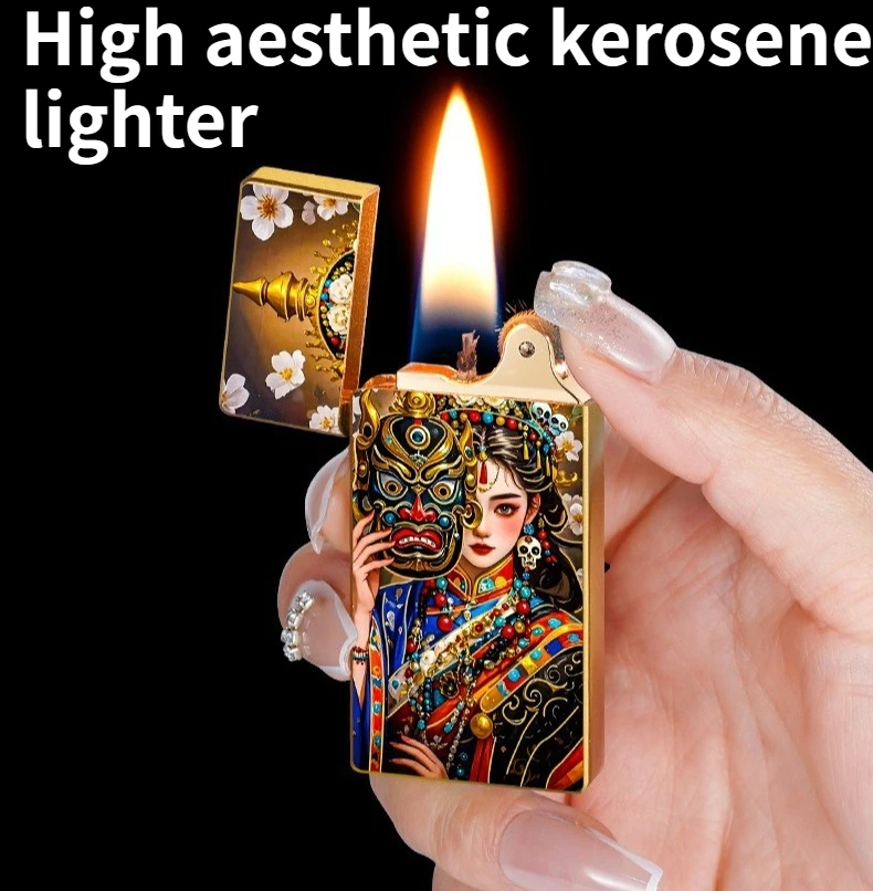 New Creative Retro Grinding Wheel Open Flame Lighter with Painted Patterns Ultra-thin High-end Men's Gift