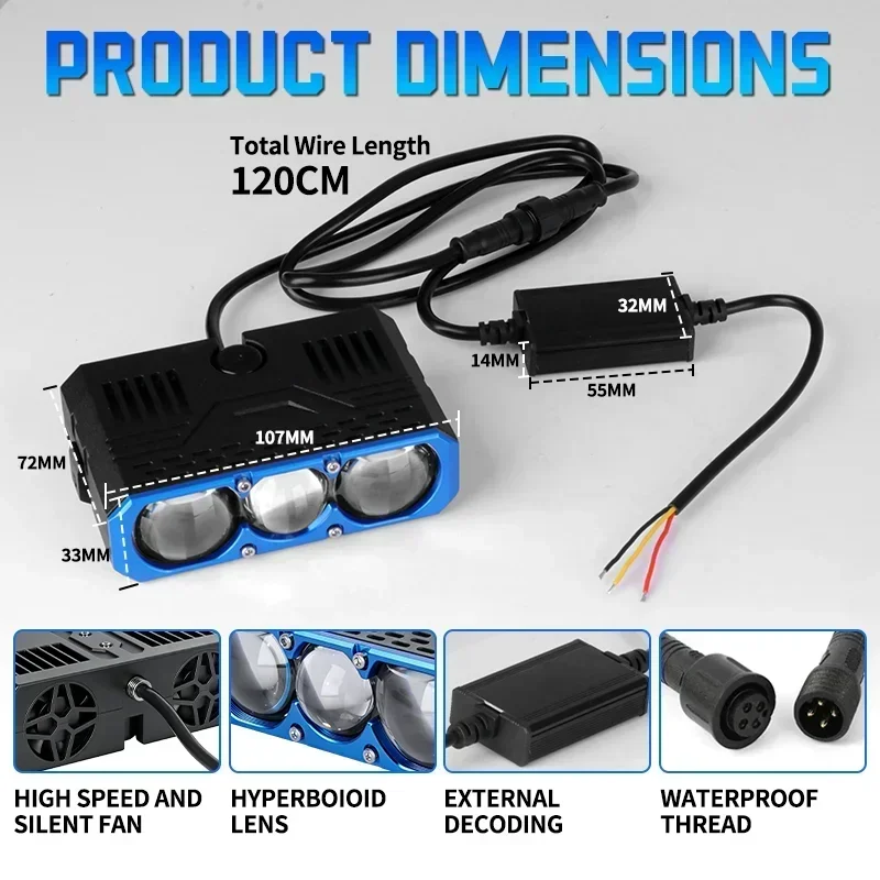 2PCS Three-Eyes HD Lens LED Grille Light 140W Independent Low High Beam Turbo Fan Universal Car Motorcycle Auxiliary Spotlight