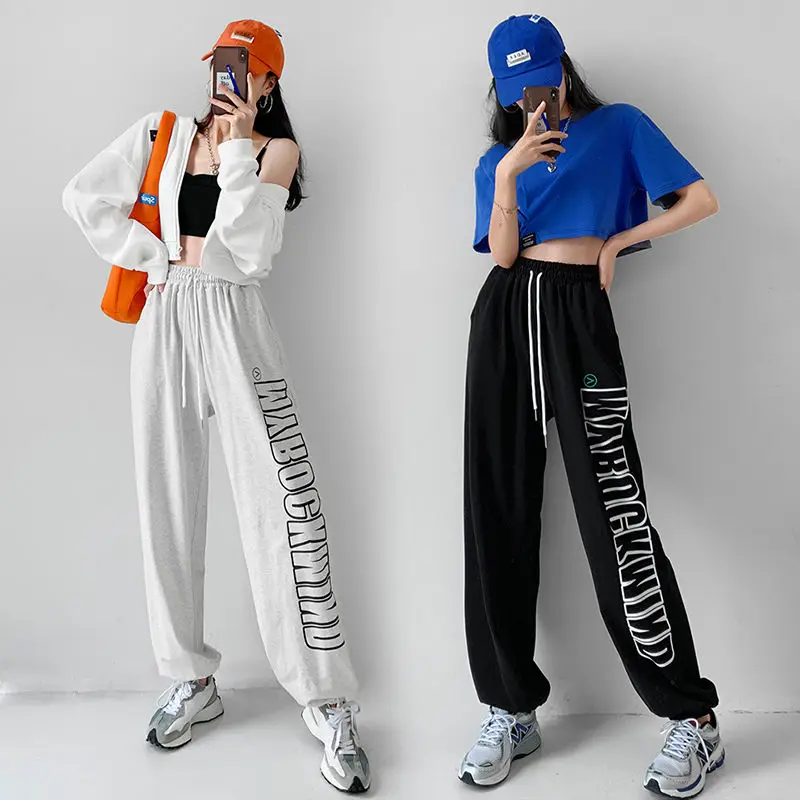 

Letter Print Women Hip Hop Pants Korean Clothes Lace-up High Waist Streetwear Versatile Sports Joggers Casual Trousers Female