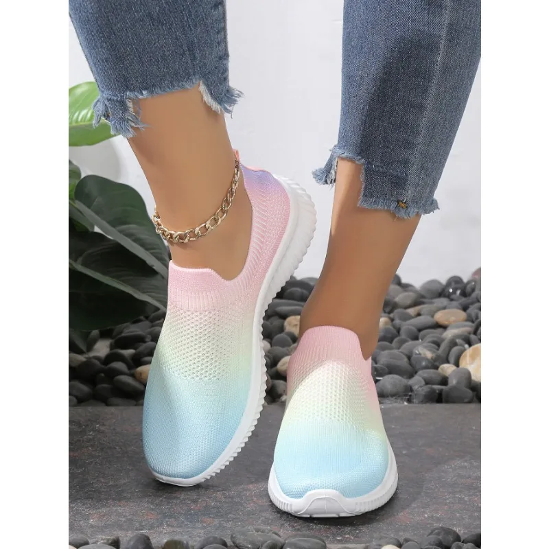 Gradient Color Women Flats Shoes Breathable Mesh Platform Fashion Sneakers Slip on Soft Ladies Casual Shoes Women Tennis Flats