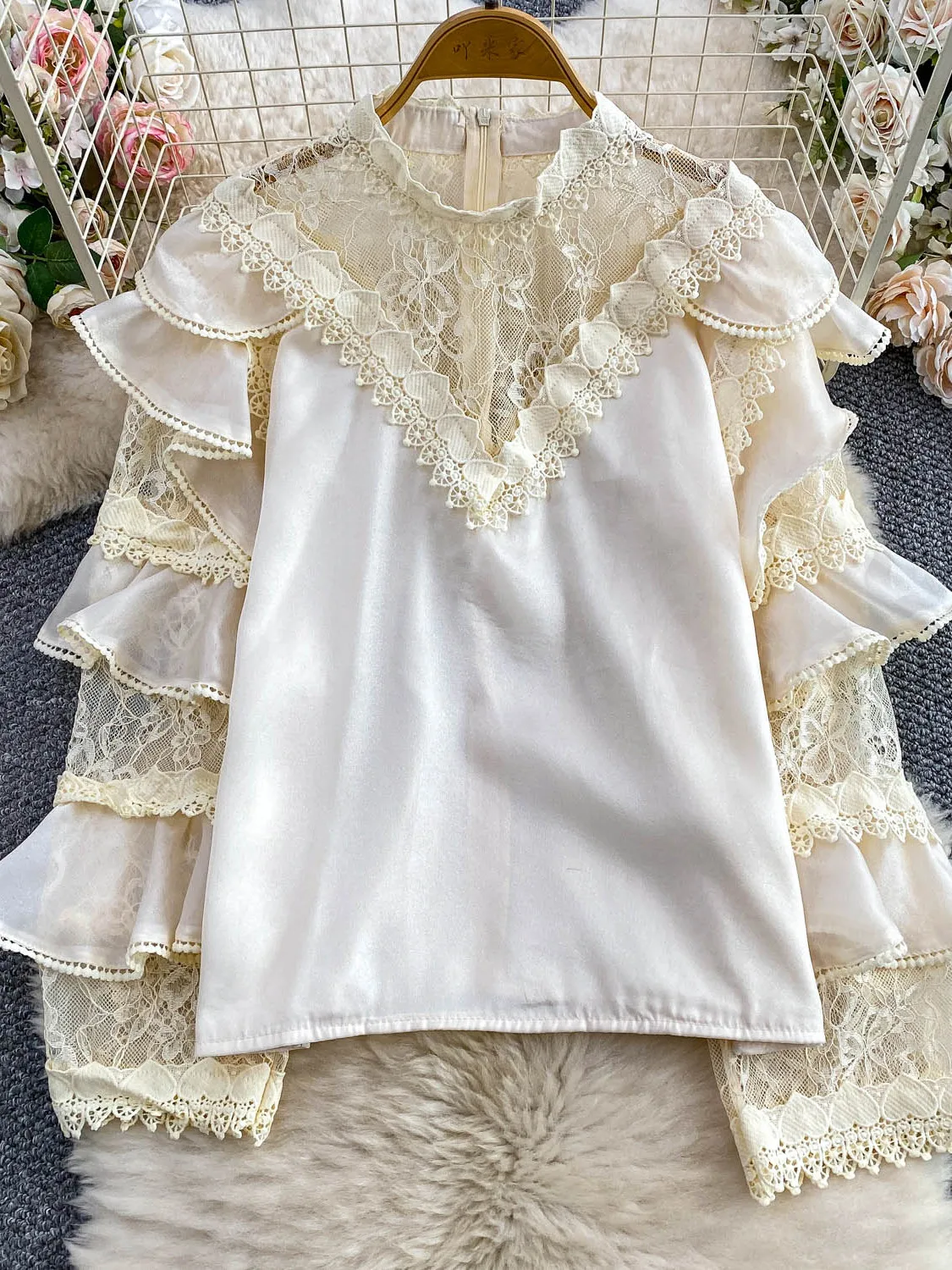 Retro Ele Court Sle Renda Emenda Chiffon redondo Ne Long Sve irt Mulheres Anti Envelhecimento Em Camadas Top Commute Coreano Loos...