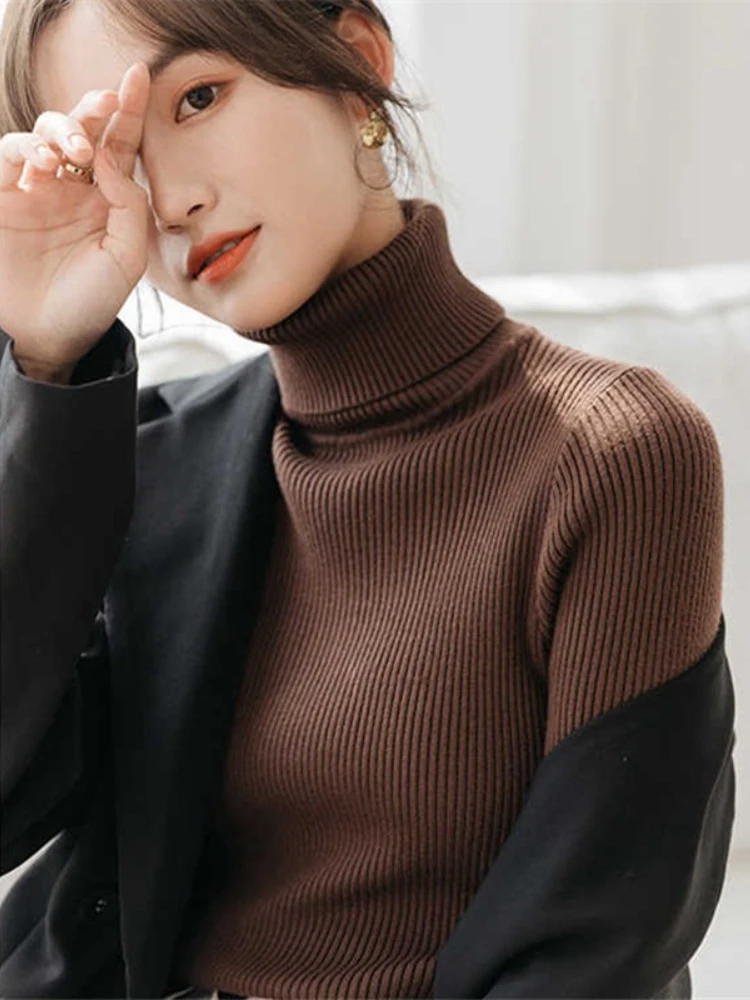 

Zjaiss Women's Long Sleeve Slim Knitted Pullover 2025 Autumn Winter Turtleneck Sweater Versatile Bottoming Tops