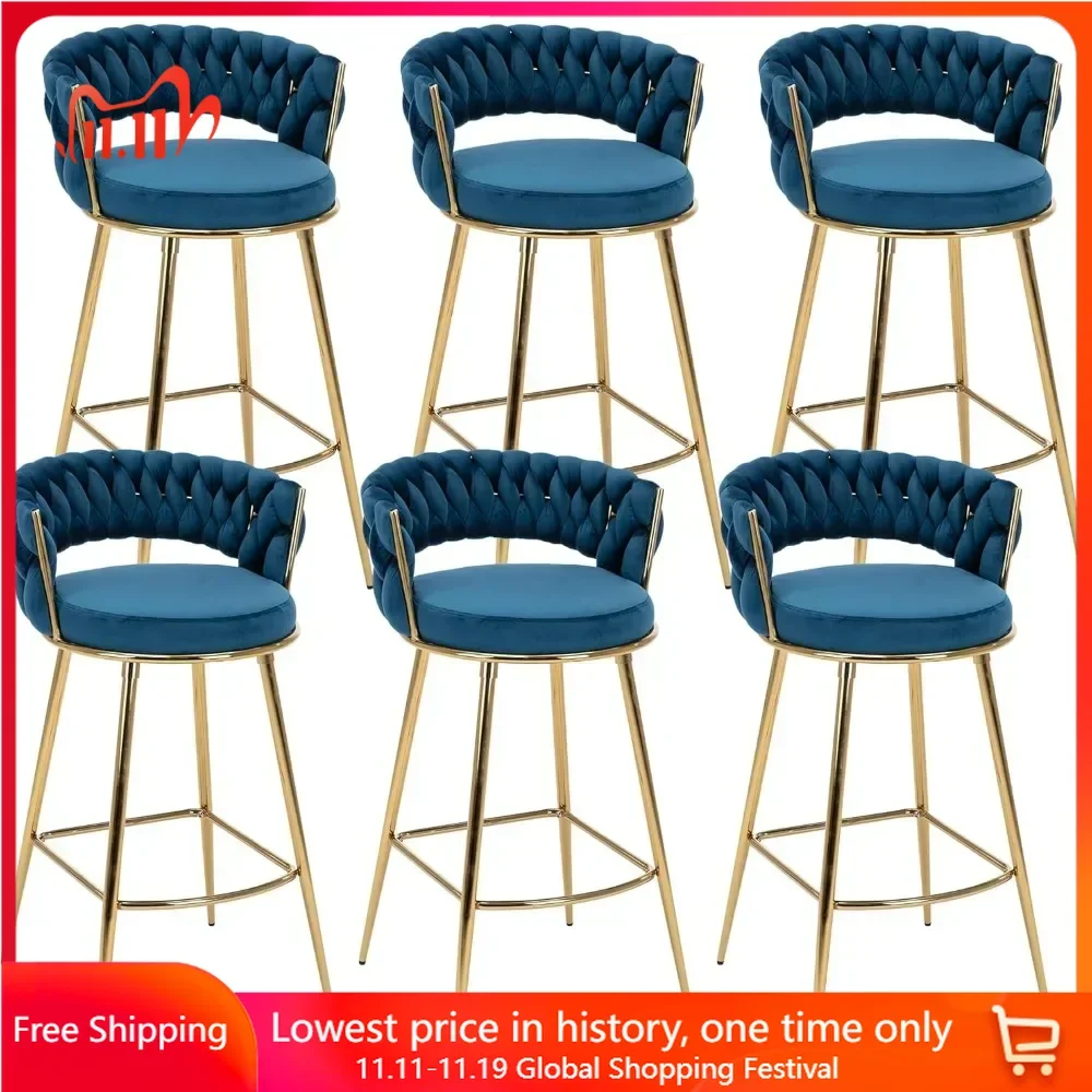 Bar Stools Set Of 6,with 29 Inches Height Comfy Seat, Handmade Woven Back Armrest, Golden Metal Legs,bar Stools For Kitchen