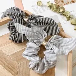 Korea Cute Rabbit Ear Striped Metal Buckle Hair Scrunchies Elastic Hair Bands Ties Rope Bands Ponytail Bands Hair Accessories