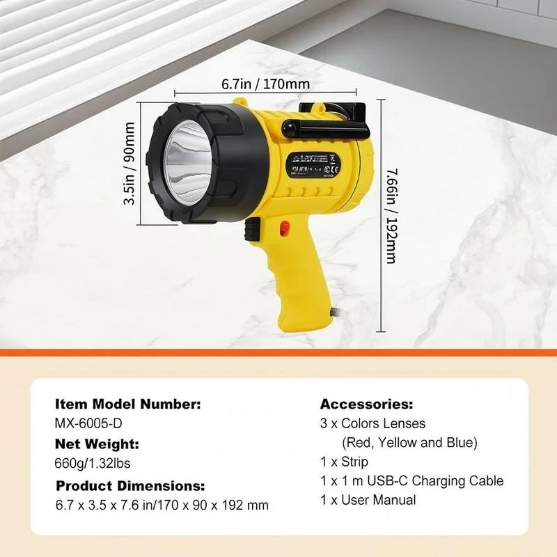 Handheld Searchlight 1000,000 Lumens For Hunting Boating Camping, 4 Modes Detachable Lens USB Port Rechargeable Battery Portable High Lumens LED Outdoor Equipment view 4