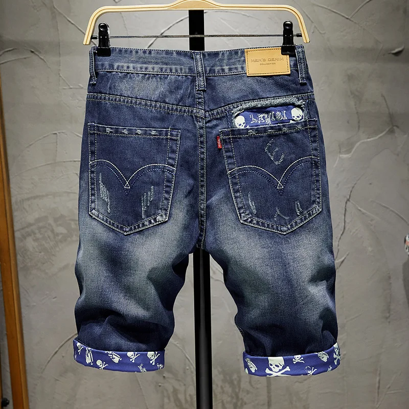 Handsome Motorcycle Denim Shorts Men's Summer Street Fashion Personalized Printed RippedinsHigh Street Slim-Fit Retro Shorts