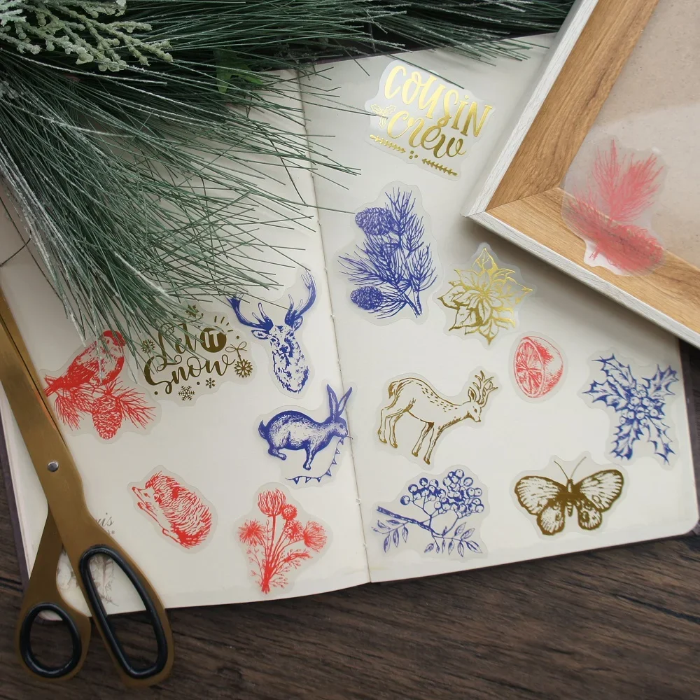 

28pcs Gold Christmas Sparrow Rabbit Christmas Berries Style Transparent Sticker Scrapbooking DIY Gift Decoration Tag