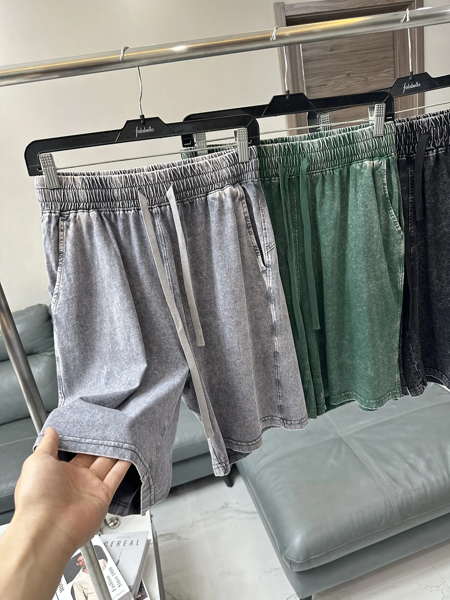 Casual Wax Dyeing Short Pants Men's Loose Elastic Waist Drawstring Vintage Five-Quarter Fashionable Summer Cotton Straight Leg