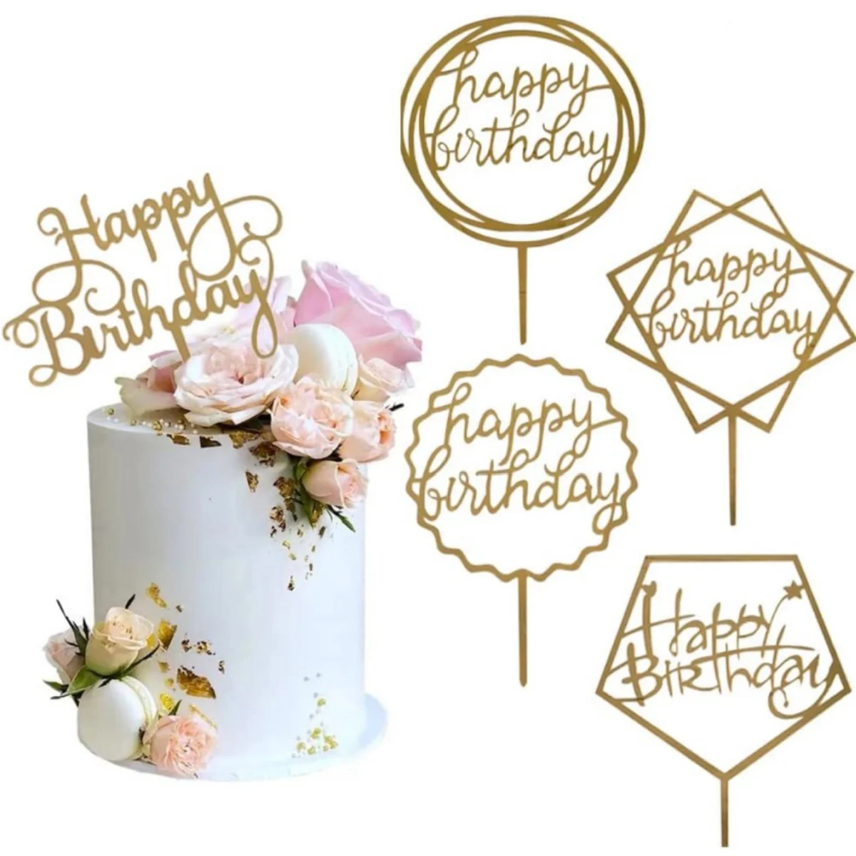 5pcs Gold Cake Topper Acrylic Happy Birthday Cake Decoration Supplies