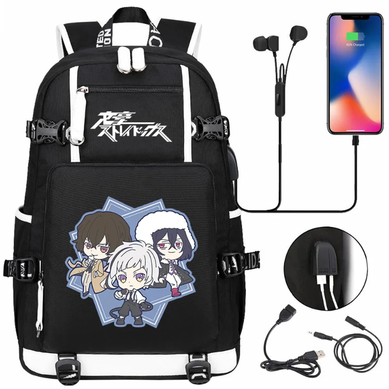 Anime Bungo Stray Dogs 다자이 오사무 배낭 Teenarges Schoolbag 남성 여성 패션 USB 충전 포트 노트북 야외 가방 Mochila