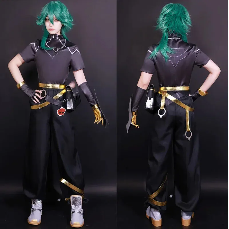 ROLECOS Game LOL HEARTSTEEL Ezreal أزياء تنكرية LOL HEARTSTEEL GQ Ezreal بدلة سوداء للجنسين للهالوين مجموعة كاملة مع نظارات