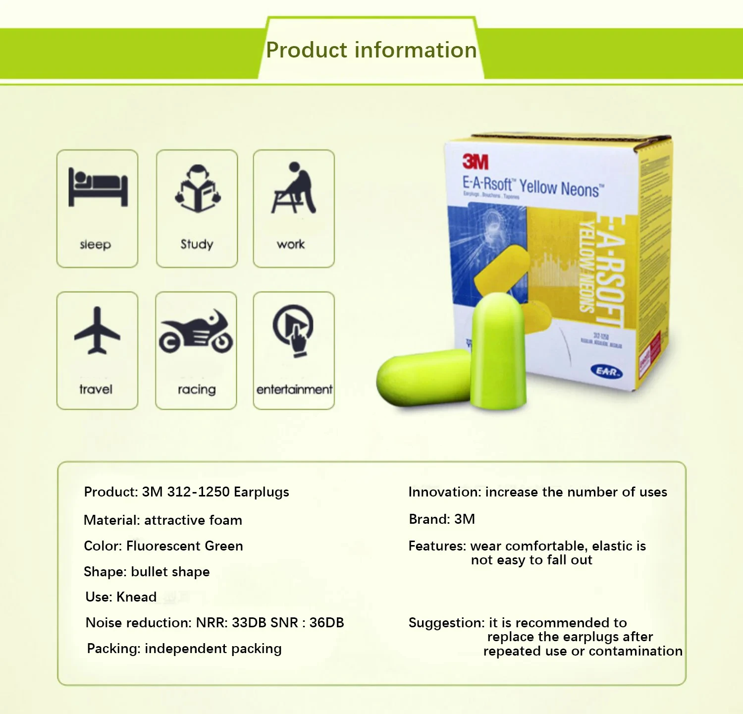 10 Pairs Authentic 3M 312-1250 Foam Soft Corded Ear Plugs Noise Reduction Norope Earplugs Swimming Protective Earmuffs