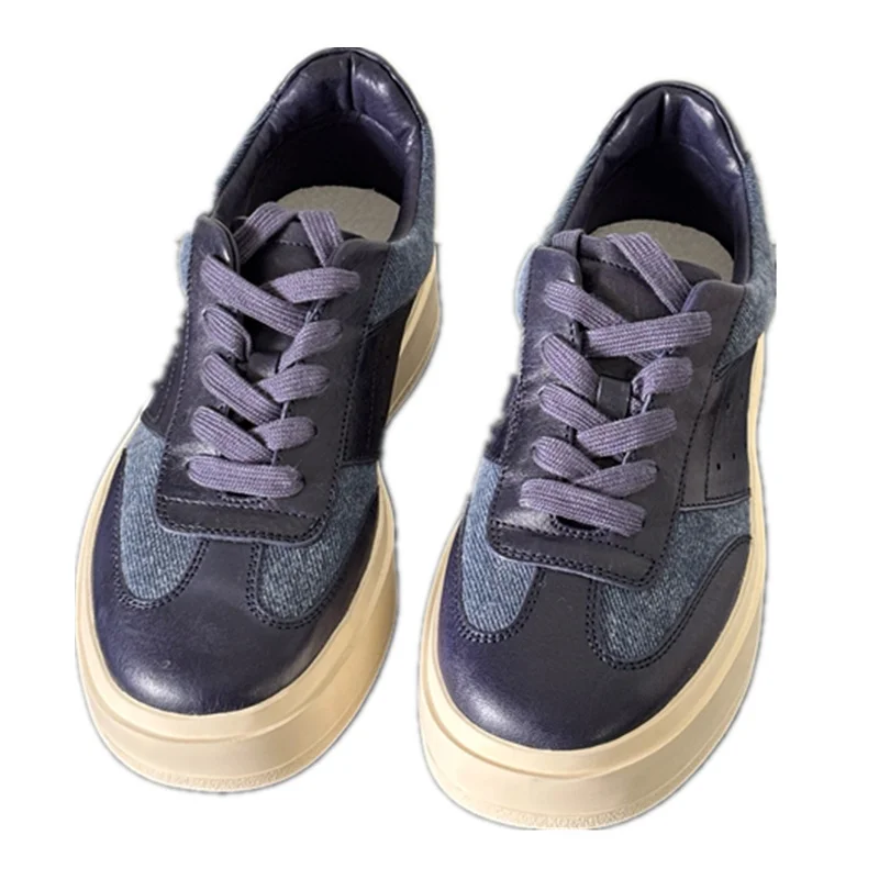 

Withered Minimalist Women's Thick Soled Sneakers Horsehide And Denim Patchwork Retro Genuine Leather Casual Shoes Women 34-40