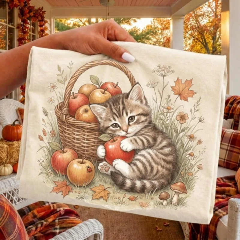 Fall Kitten Apple Basket Graphic T‑Shirt Cute Autumn Cat Maple Leaf Wildflower Mushroom Short Sleeve Casual Tops