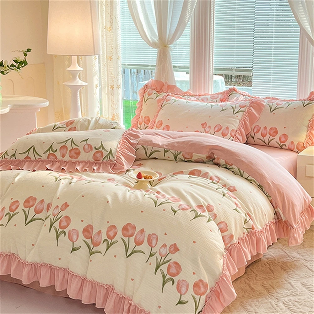 Fashion Flower Bedding Set Bed Sheet Cute Princess AB Double Sided Ruffle Flower Quilt Cover Pillowcase Bedclothes Home Textiles