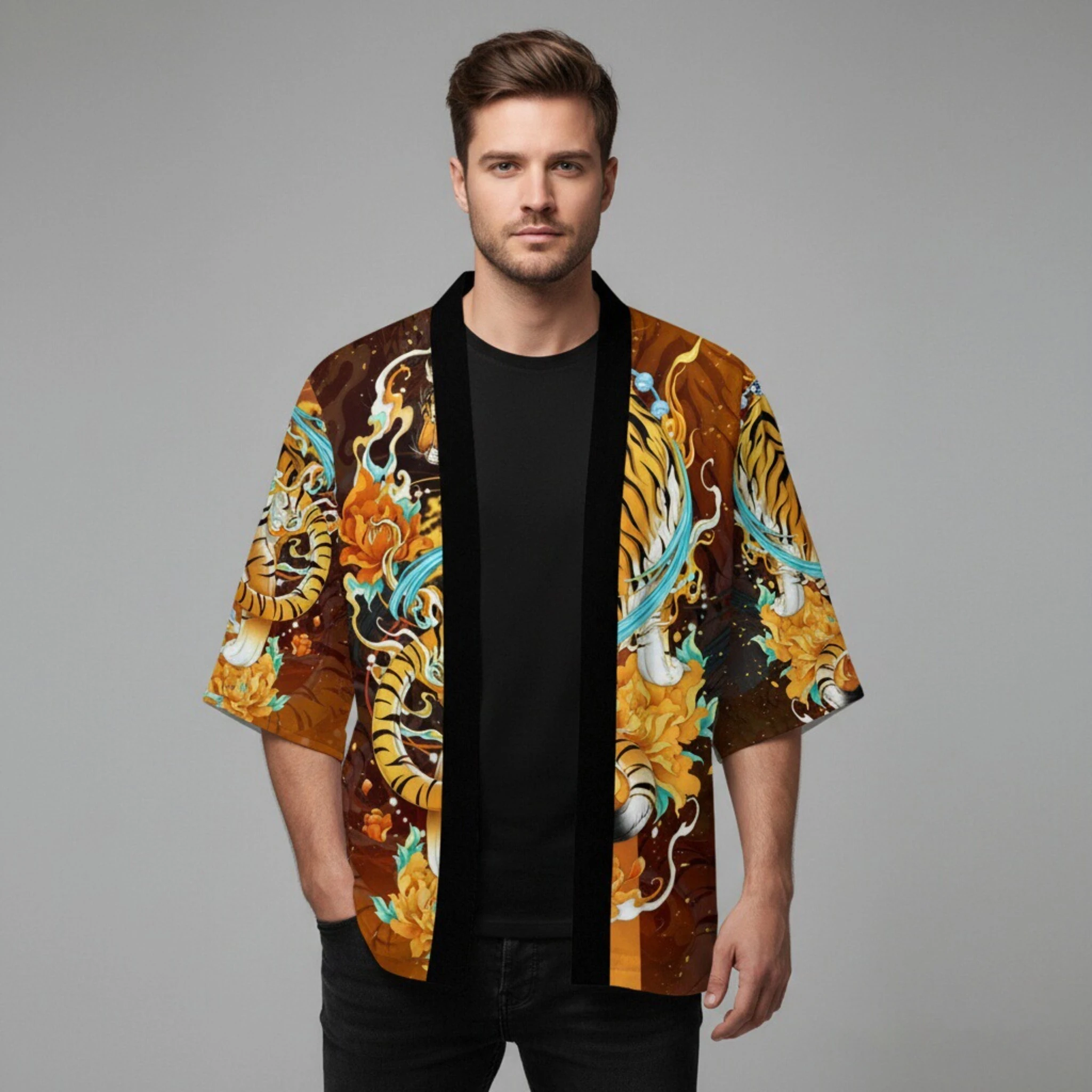 يوكاتا التنين الثعلب الشيطان الساموراي كيمونو القط قميص الملابس ثوب الكيمونو الياباني Harajuku سترة الرجال التقليدية هاوري كيمونو النساء #2