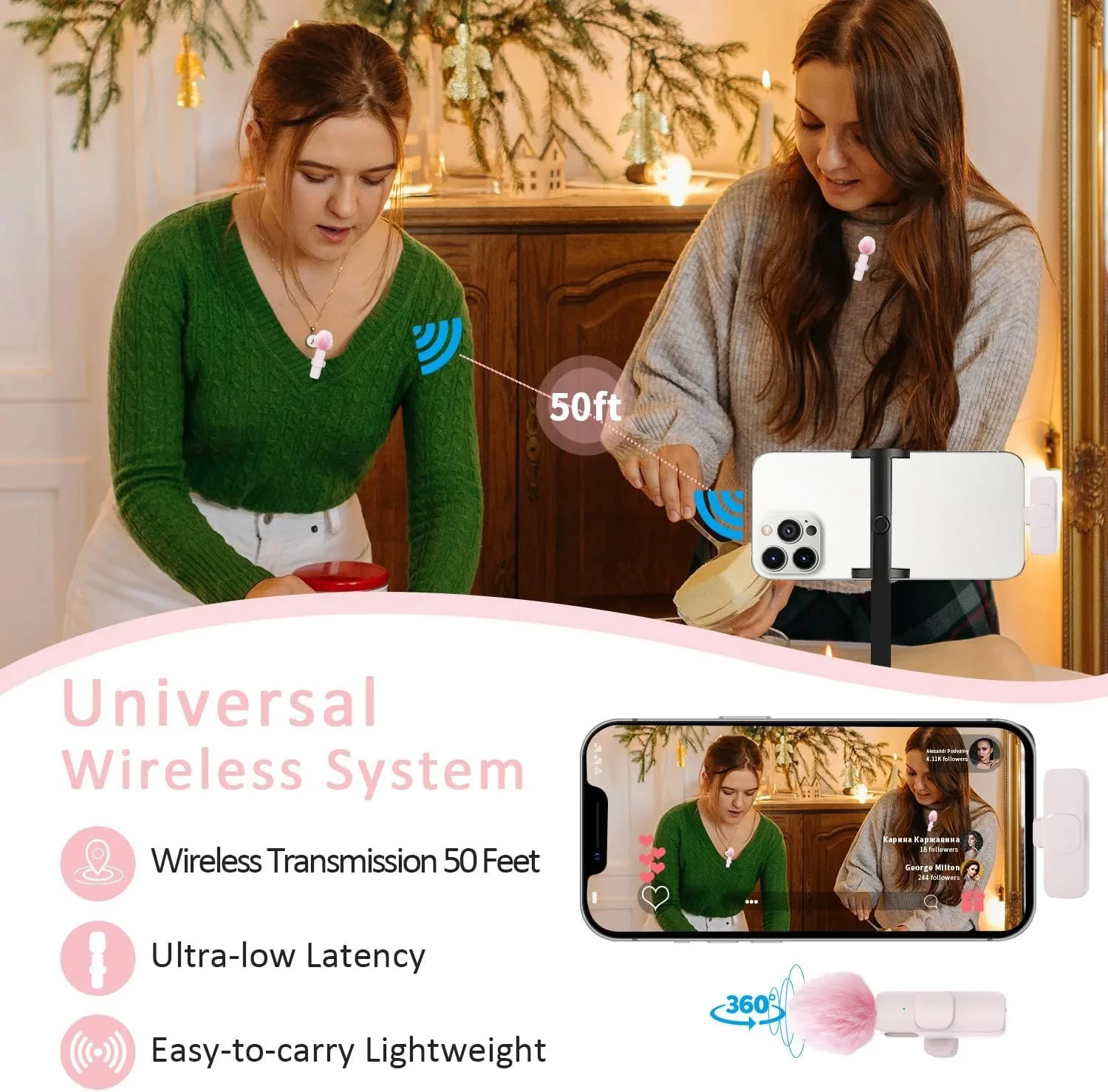 Pink &White K60 Wireless Lavalier Microphone Smartphone,Clip On Lapel Mic Plug-Play Microphone For Video Audio Recording image 5
