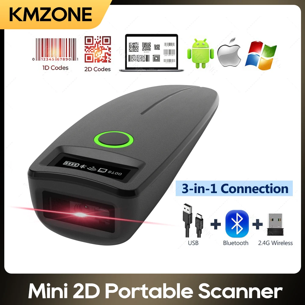 2D Barcode Scanner OLED Mini Wireless Bluetooth Portable 1D QR Code Data Matrix PDF417 Reader iOS Android PC for Mobile Payment