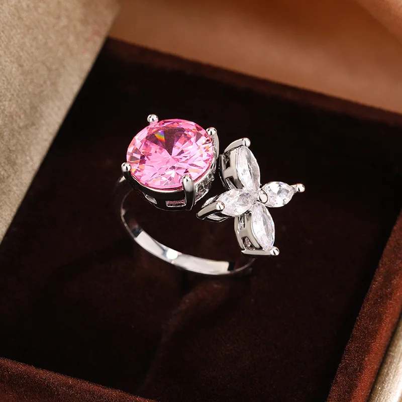 Delicato anello asimmetrico con zircone per donna, argento 925, gioielli con diamanti rosa di alta qualità, regalo di compleanno per feste all'ingrosso